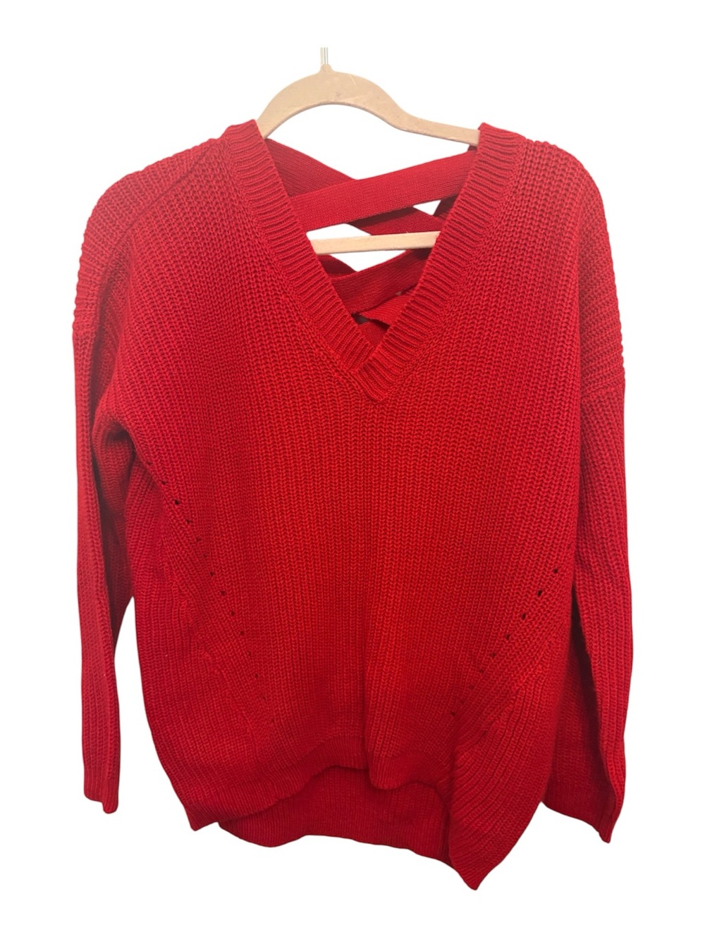 Women's Red V-Neck Sweater with Crisscross Back